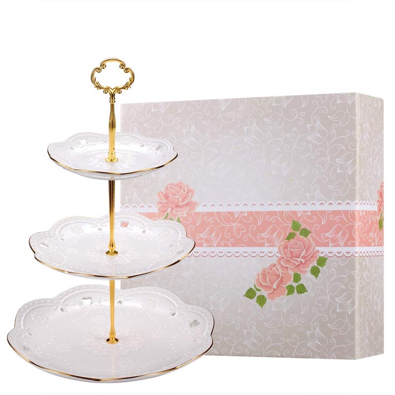 BonNoces 3-Tier Porcelain Embossed Cupcake Stand - Pure White Rimmed with Gold Dessert Cake Stand - Pastry Serving Tray Platter for Tea Party, Wedding and Birthday - Image 1
